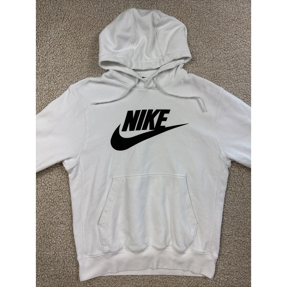 White Nike Sportswear Club Fleece Men's Pullover Hoodie Black Swoosh Size Small